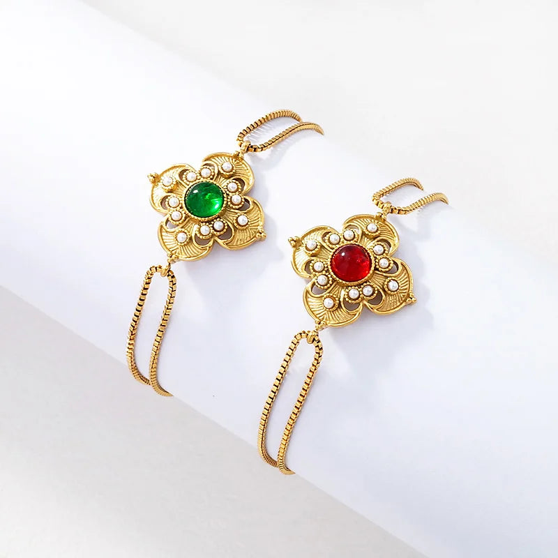 Luxury Stainless Steel Jewelry Wholesale 18K Gold Plated Gemstone Pearl Flower Charm Box Chain Bracelet and Bracelet for Women