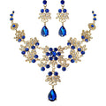 Blue Gold Plated Rhinestone Crown Necklace Set Bridal Jewelry Wedding Engagement Party Tiara for Women