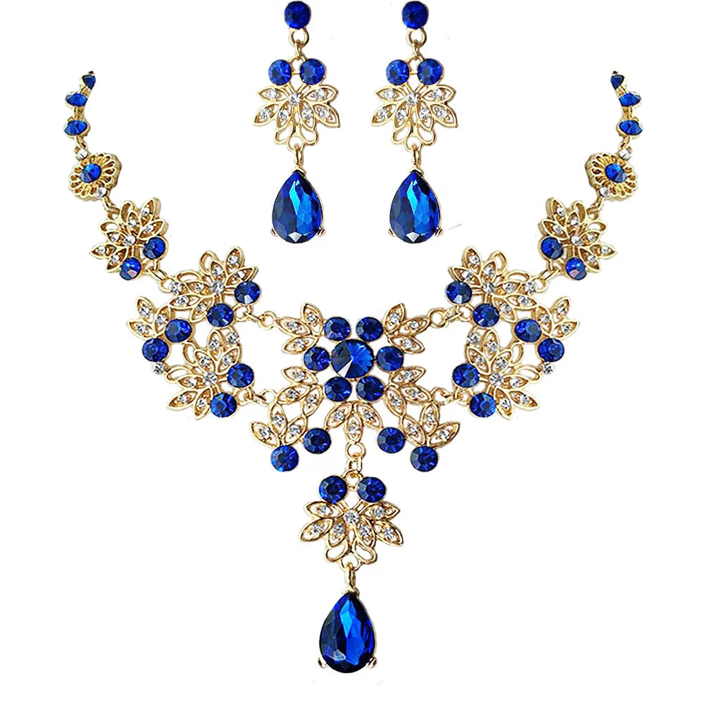 Blue Gold Plated Rhinestone Crown Necklace Set Bridal Jewelry Wedding Engagement Party Tiara for Women