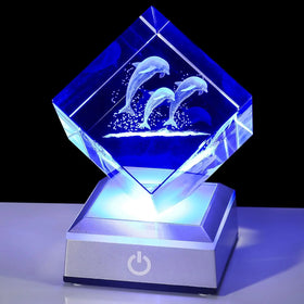 Honor of Crystal 3D Photo Frame Laser Etched Engraving Gifts Dolphin Crystal Cube Blank Crystal Glass Cube With Led Light Base