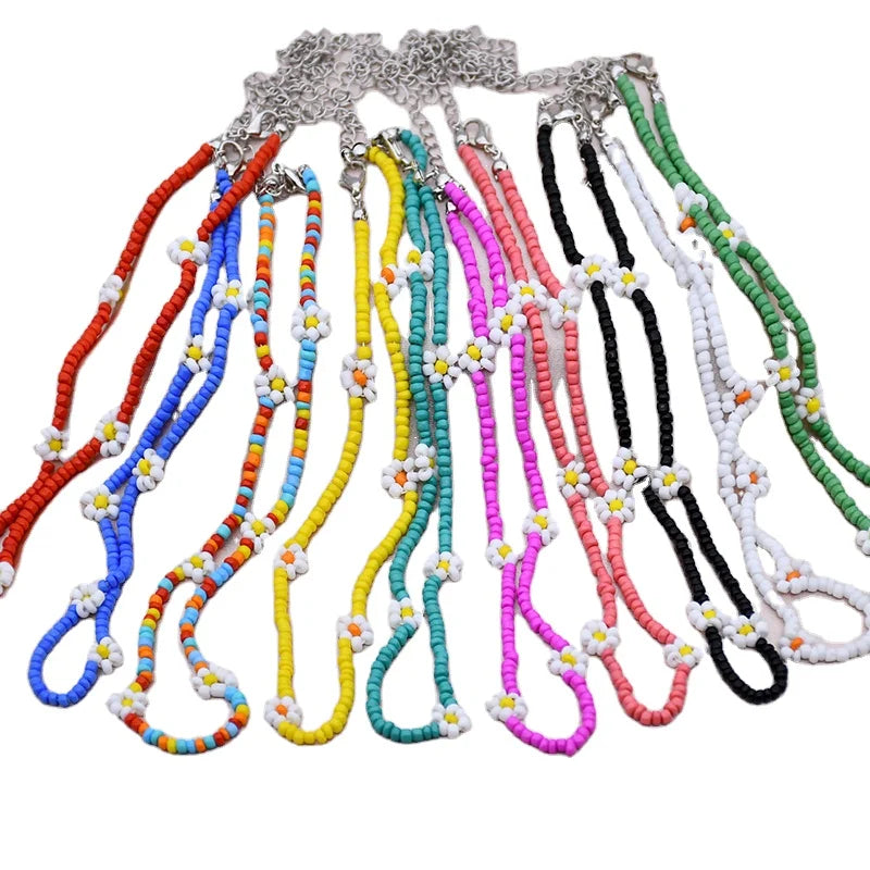 RisingMoon Colorful Handmade Small Daisy Flower Miyuki Beads Necklace Beaded Necklace Women