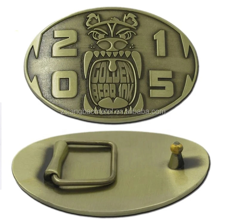 Oval Zinc Alloy D-ring Belt Buckle with Engraved 3D Logo Soft Enamel Process Brass Silver Bronze Finish