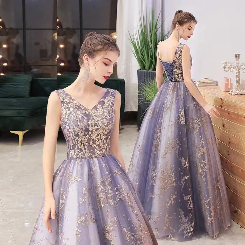 Modest Purple Evening Party Dress Women Evening Elegance Costume Host Fluffy Long Dresses