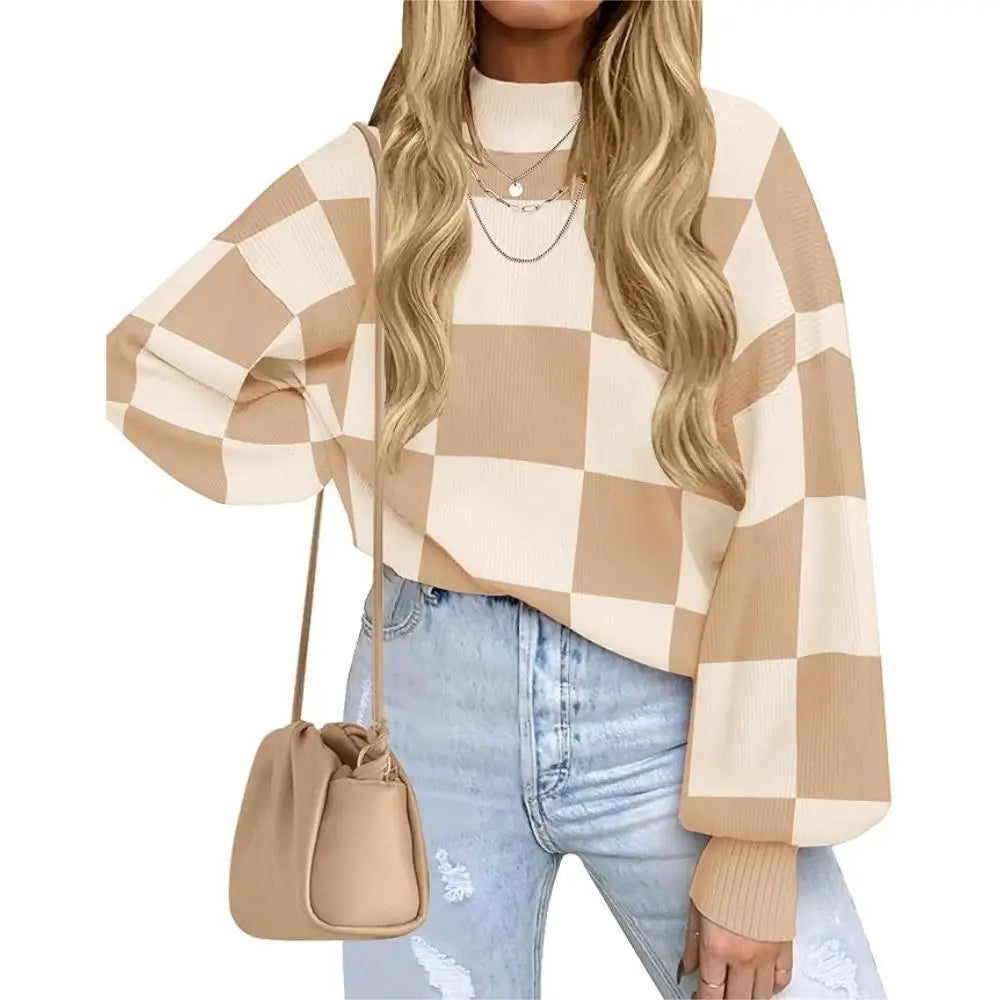 Women's 2023 Fall Fashion Turtleneck Long Sleeve Striped Lattice Ribbed Knit Loose Pullover Sweater Tops