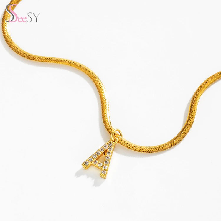 SSeesy Waterproof Jewelry Vintage Adjustable 26-letter Flat Snakebone Clavicle Stainless Steel PVD 18K Real Gold Necklace