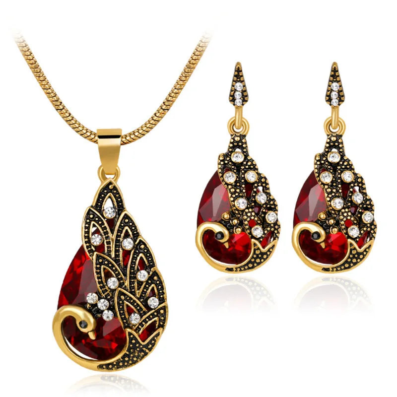 Retro Peacock Bridal Wedding Party Jewelry 2 Pieces Waterdrop Crystal Pendant Necklace and Earring Jewelry Sets for Women