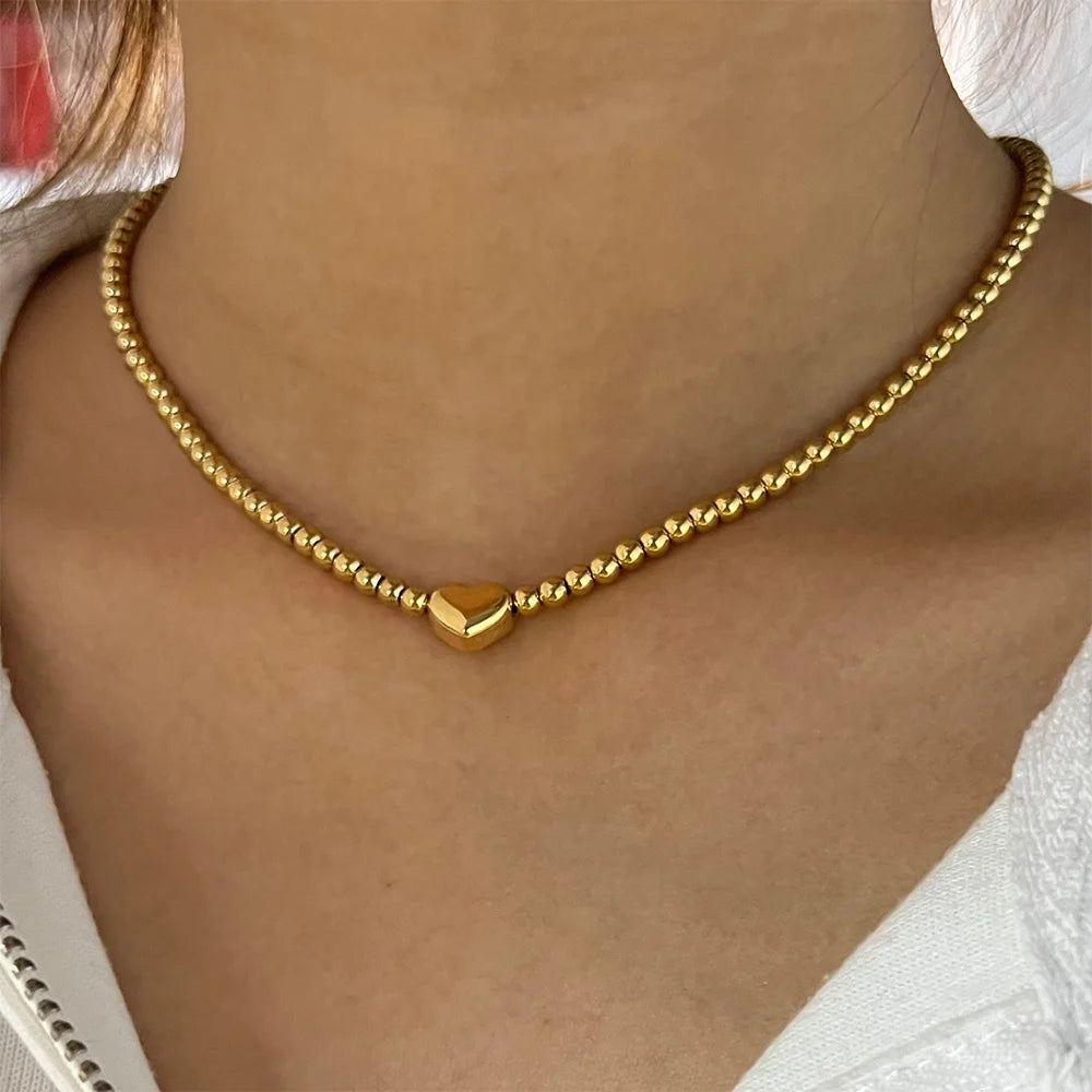 Wholesale Gold Plated Trendy Fashion Jewelry Beaded Necklaces Stainless Steel Beads Chain Heart Charm Necklace Unisex