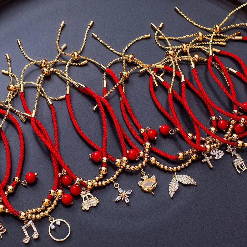 Lucky Charm Red String Bracelet Gold Plated Brass Crystal Rhinestone Deer Heart Christmas Gift Chunky Summer Adjustable Bracelet