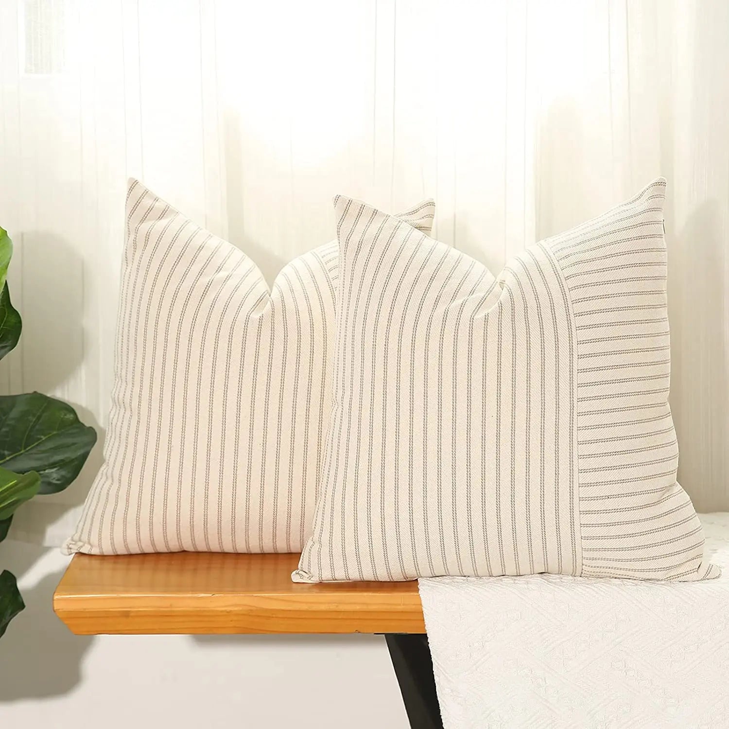 Khaki and Beige Patchwork Farmhouse Jacquard Throw Pillow Covers Striped Linen Pillow Case