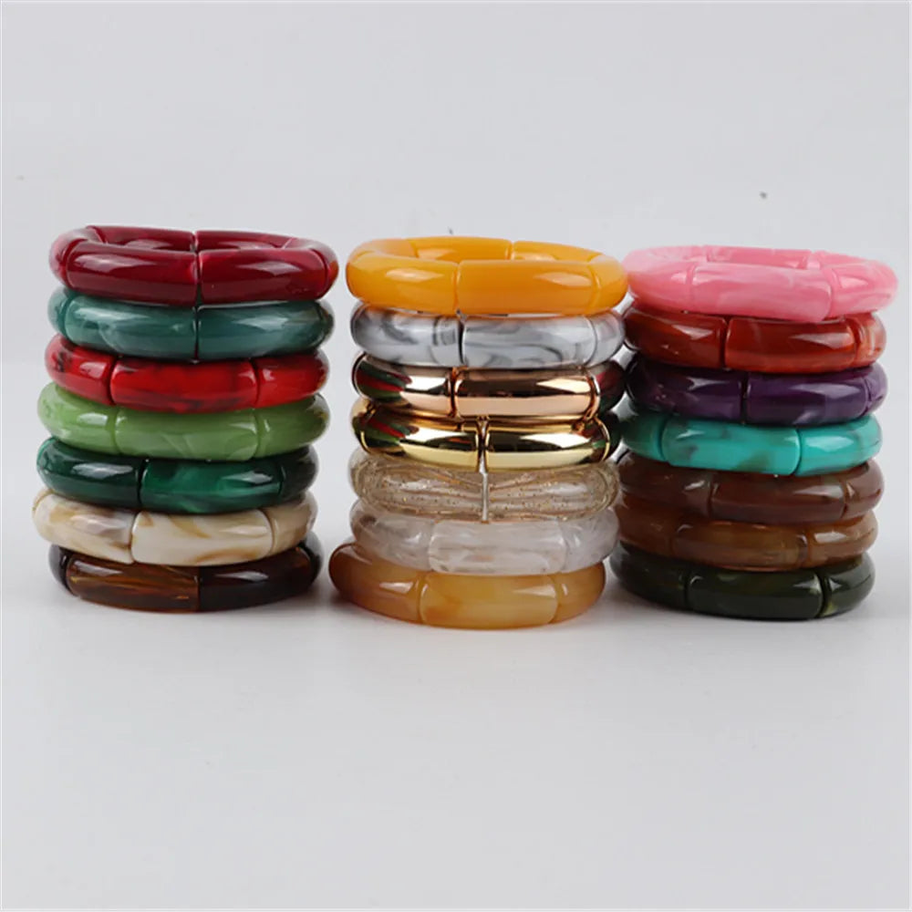 Mix Colors Fashion Trendy Chunky Acrylic Resin Plastic Elastic Cord Bangles Bamboo Bangle and Bracelet Jewelry Women