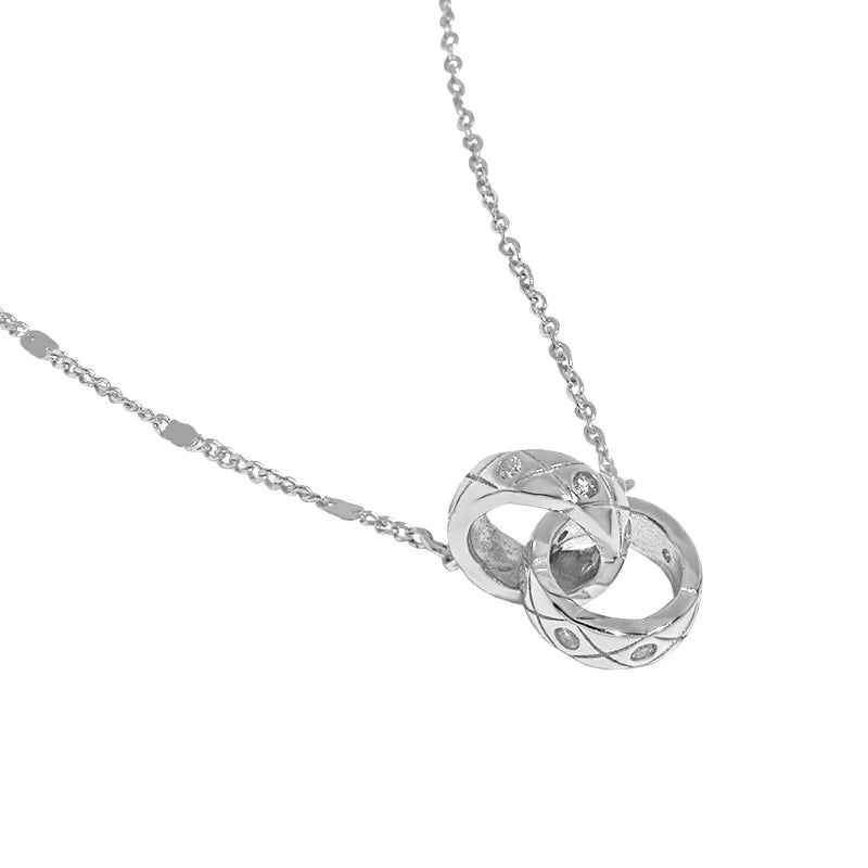 Wuqie 925 Sterling Silver Rose Gold Plated Simple Grid Double Circle Zircon Interlocking Pendant Necklace