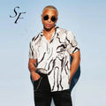 Custom White With Abstract Print and Resort Style Neckline and Short Sleeve Button Closure for Men's Shirt