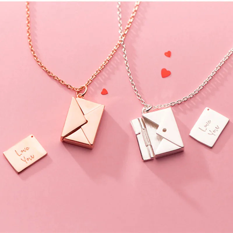 Engraving Love You 925 Sterling Silver Envelope Pendant Necklaces Custom Letter Jewelry Gift for Girlfriend