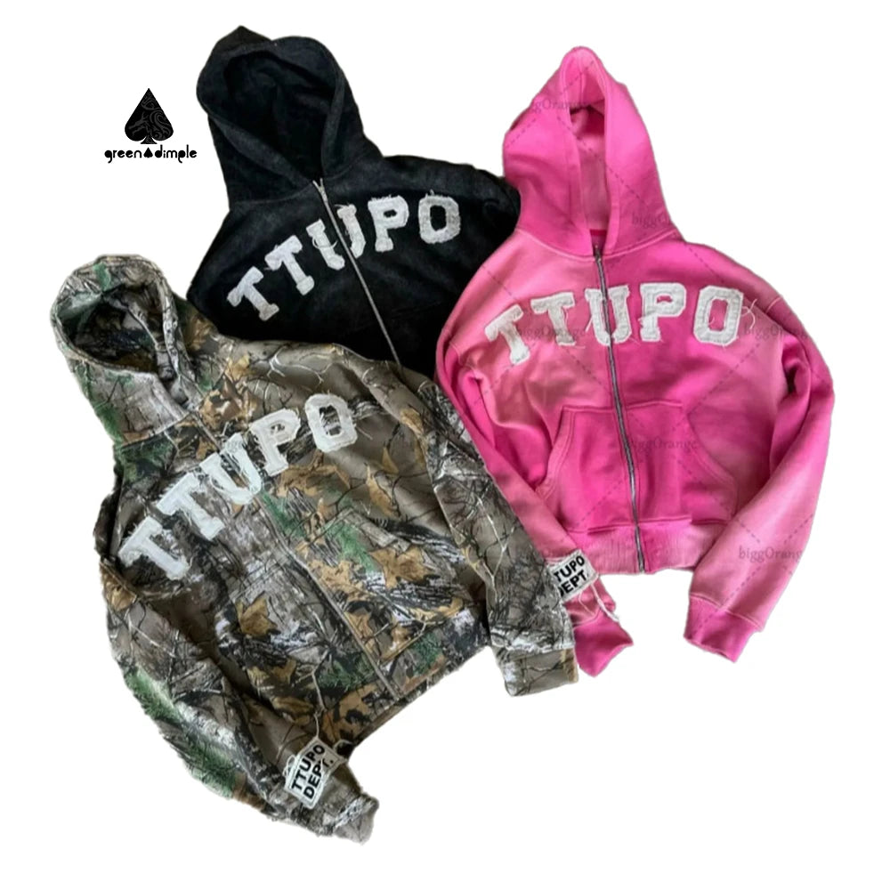 Green Dimple Autumn and Winter American Retro High Street Y2K Trendy Brand Letter Patch Sticker Casual Couple Hooded Sweatshirt