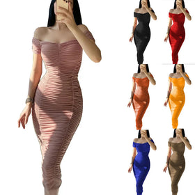 S-3XL European and American Style Solid Color Long Dress Elegant and Elegant Summer Women's Dress One Shoulder Ruffle Dress