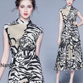 In Stock Western Style New Design Tiger Stripes Print Stand Neck Sleeveless Wholesale Clothes Ladies Fashion Long Summer Dresses