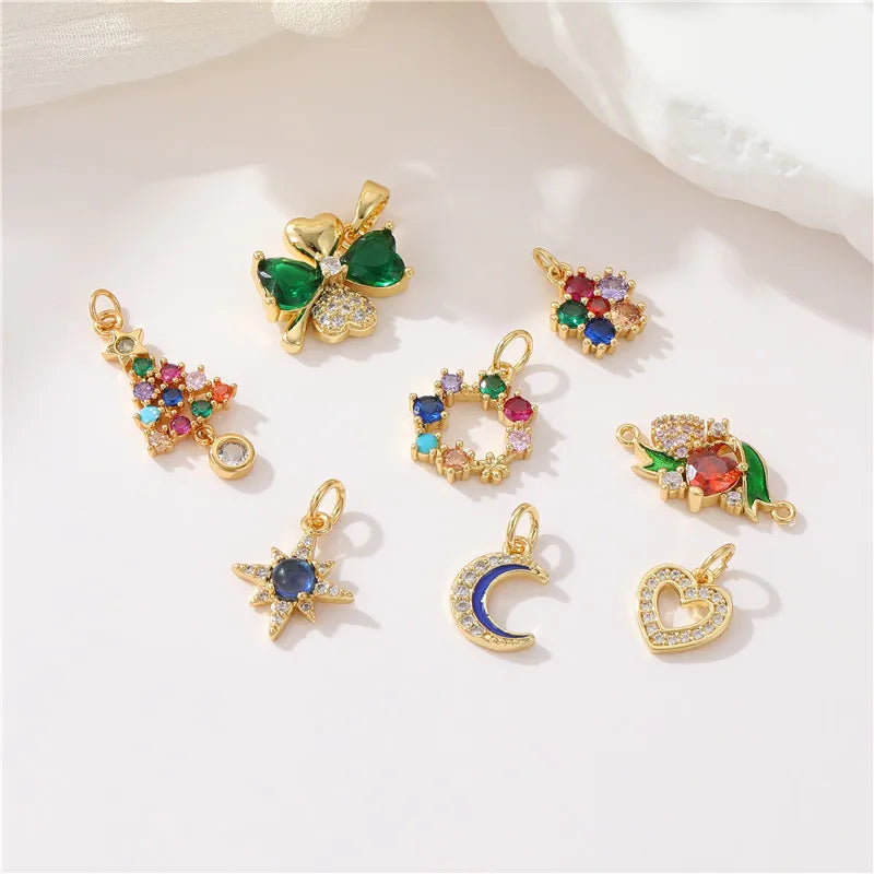2025 Gift Jewelry Pendants 14K Gold Plated Zircon Four Leaf Clover Love Christmas Tree Accessories for Jewelry Making Charms