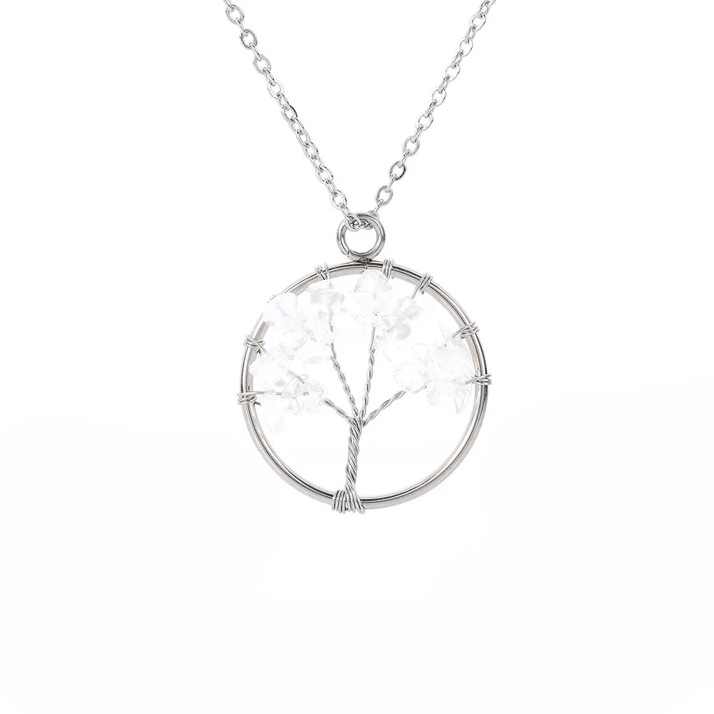 Hongzhuo 2021 Hot sale 7 Clear quartz Tree of Life Natural Tumbled Gemstone Wire Wrapped Pendant Necklace Jewelry