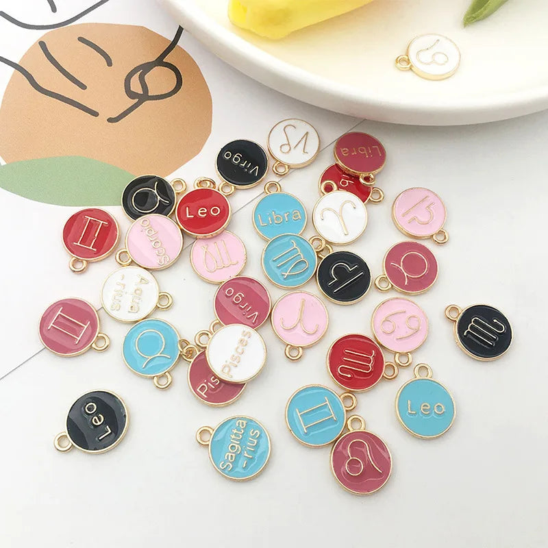 1.2cm Round Double Enamels the Zodiac Pendants As Jewelry Findings Alloy Signs of the Zodiac Charms for DIY Necklace Bracelet