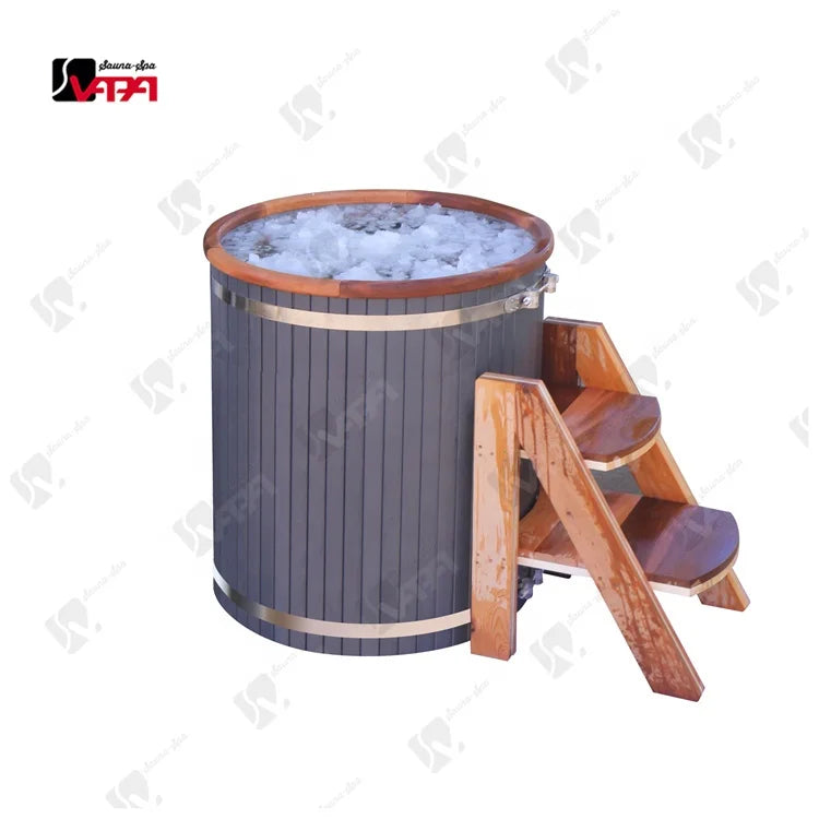 Vapasauna Direct Manufacturer Awesome Single Ice Showers Hot Tub 304# Stainless Steel Liner and  Red Cedar Ladder Ice Bathtub