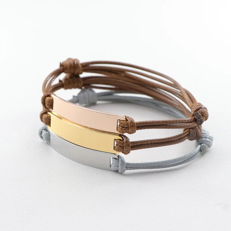 Minimalist Friendship Personalized Custom Engraved Gold ID Blank Bar Hand Braid  Braided Leather Rope Adjustable Bracelets Women