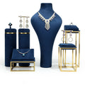 High End showcase Royal Blue Metal Jewelry Display Set Stand Ring Earrings Necklace Bracelet Navy Microfiber Jewelry Container