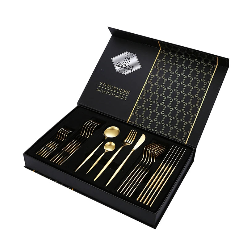 Luxury 24 Pieces Cutlery Set Stainless Steel Flatware Gold Forks Knives Spoon Set 24 Pcs Cutlery Set with Gift Box