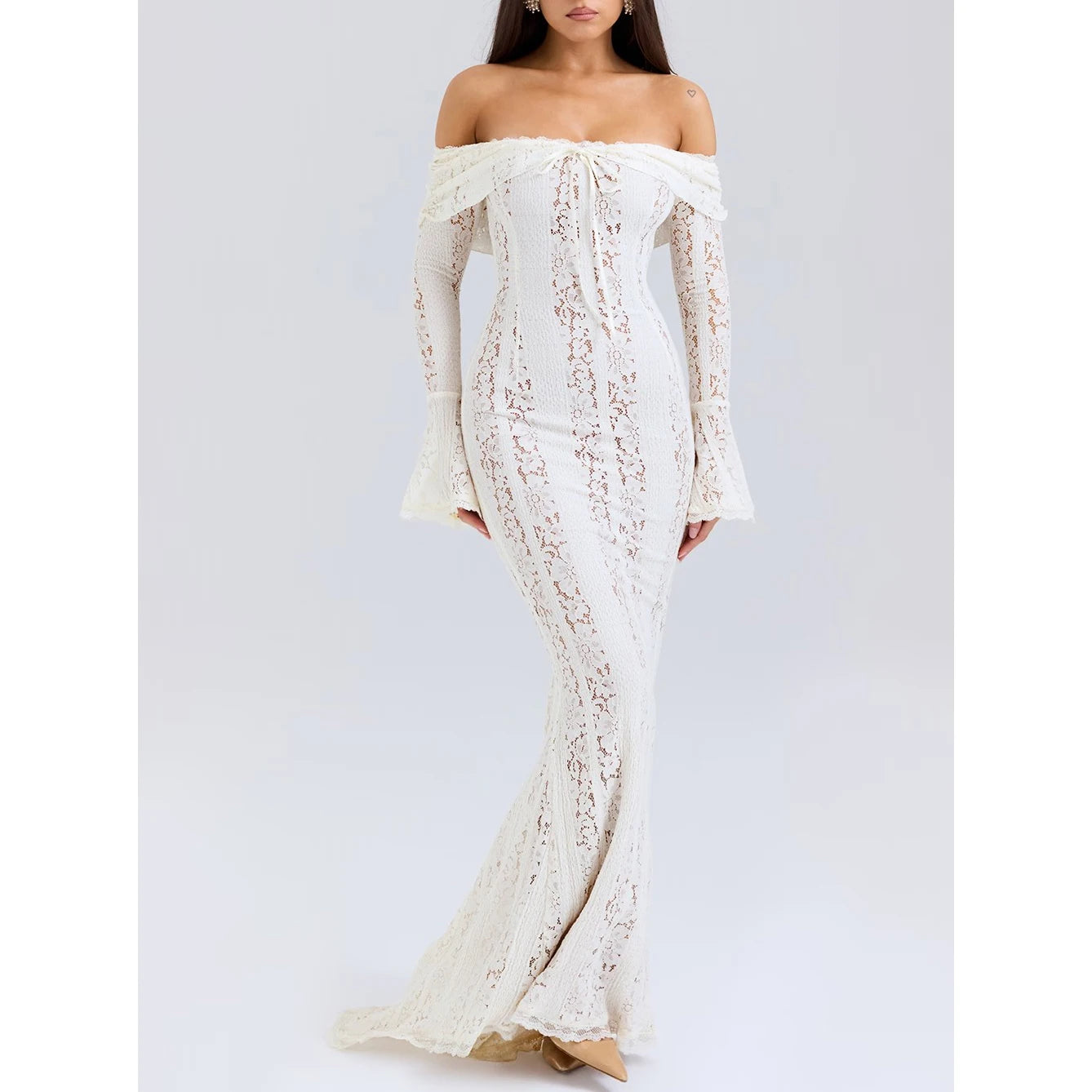 Dress Manufacturer Custom Fashion Bodycon Women off Shoulder Lace Streetwear Breathable Natural Waistline Casual Maxi Dress