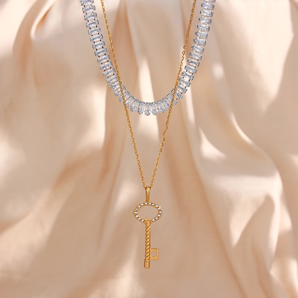 Fine Jewelry Stainless Steel 18K PVD Gold Plated Key Heart Love Chunky Zircon Diamond Chain Pendant Necklace Sets