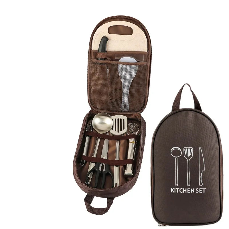 1 Set/8pcs Outdoor Camping Cookware Storage Bag Cooking Utensil Organizer Kitchen Ware Container Portable Picnic BBQ Tableware