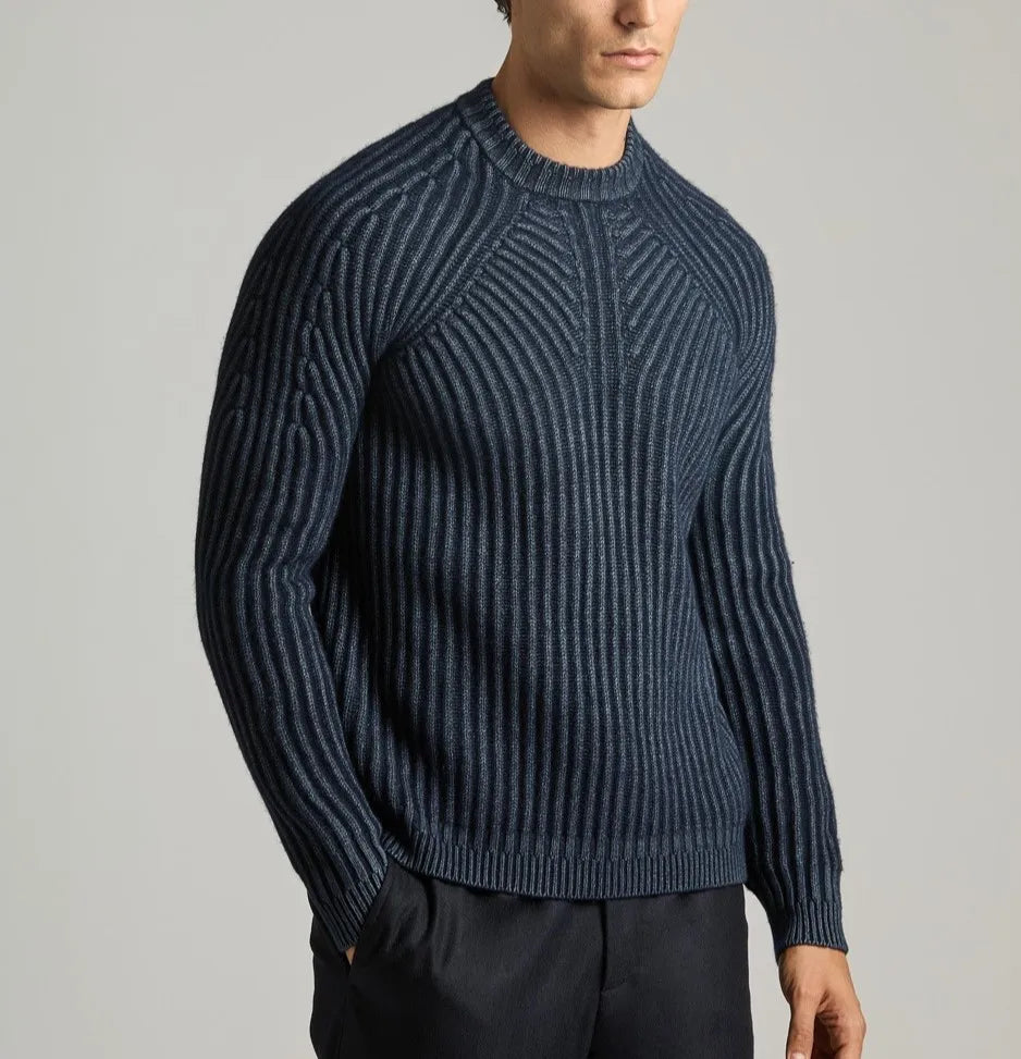 Men's Brushed Rib Knit Sweater Mohair Wool Blend Long Sleeve Raglan Sleeve Pullover Jumper Navy