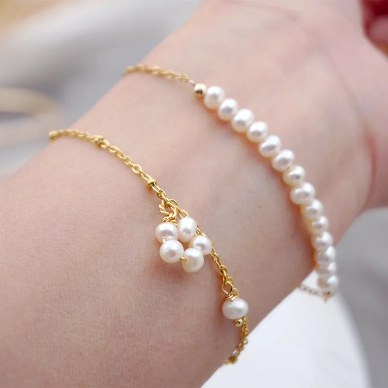 Fashion Sweat Resistant Stainless Steel Wrist Chain Adjustable Beads Charm Bracelet Gold Plated Women Pearl Bracelet