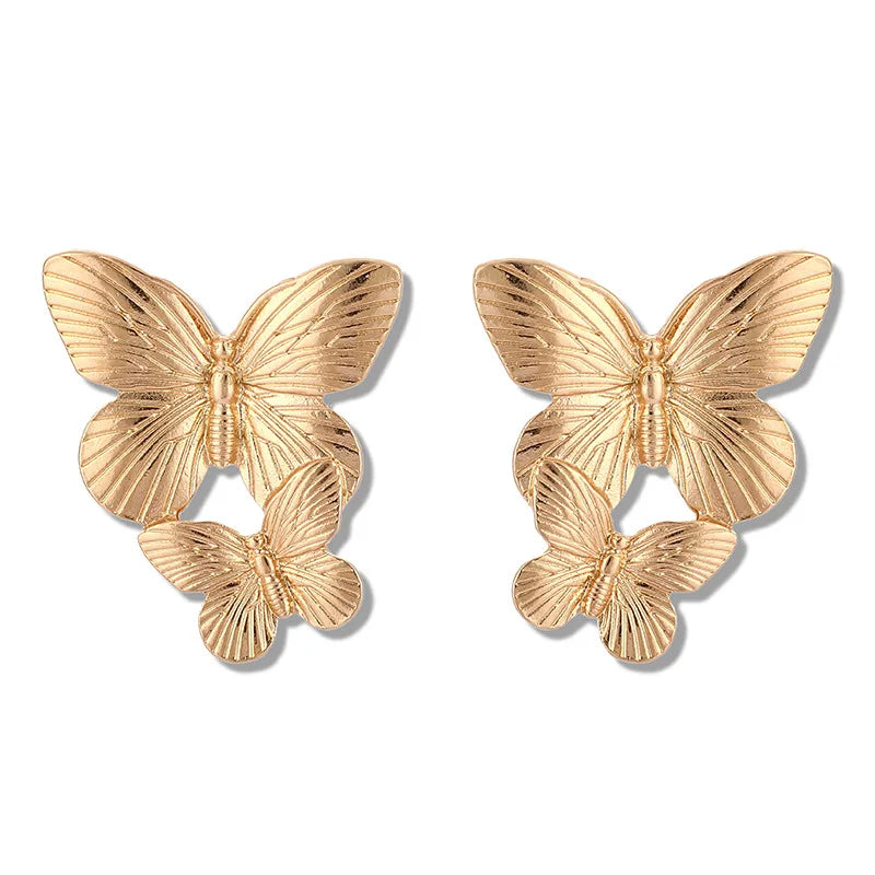 Fashion New Style Gold Plated Butterfly Earrings Vintage Exaggerated Double Butterfly Drop Stud Earrings for Girls