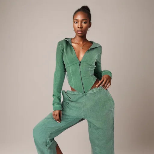 K210072 Custom Sexy Crop Top Hoodies Set Wholesale Long Sleeve Crop Top Sweatshirt and Pant 2 Pieces Streetwear Hoodies Set