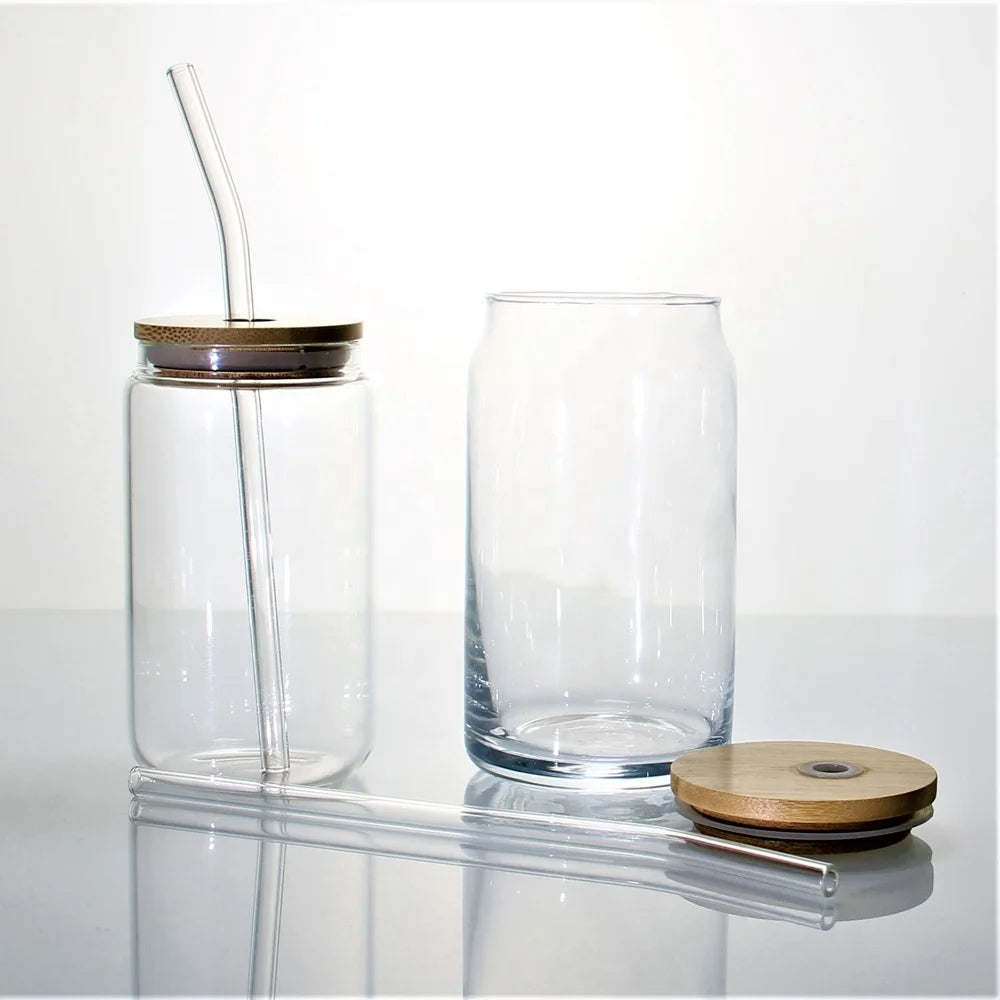 Wholesale 12oz 16oz Sublimation clear Beer Can Shaped Drinking Glass Mug Cup with Straw Bamboo Lid