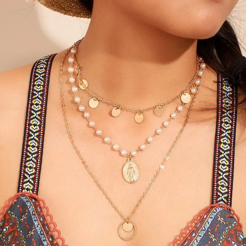 INS Women Jewelry Pendant Choker 3 Layered Pearl Necklace
