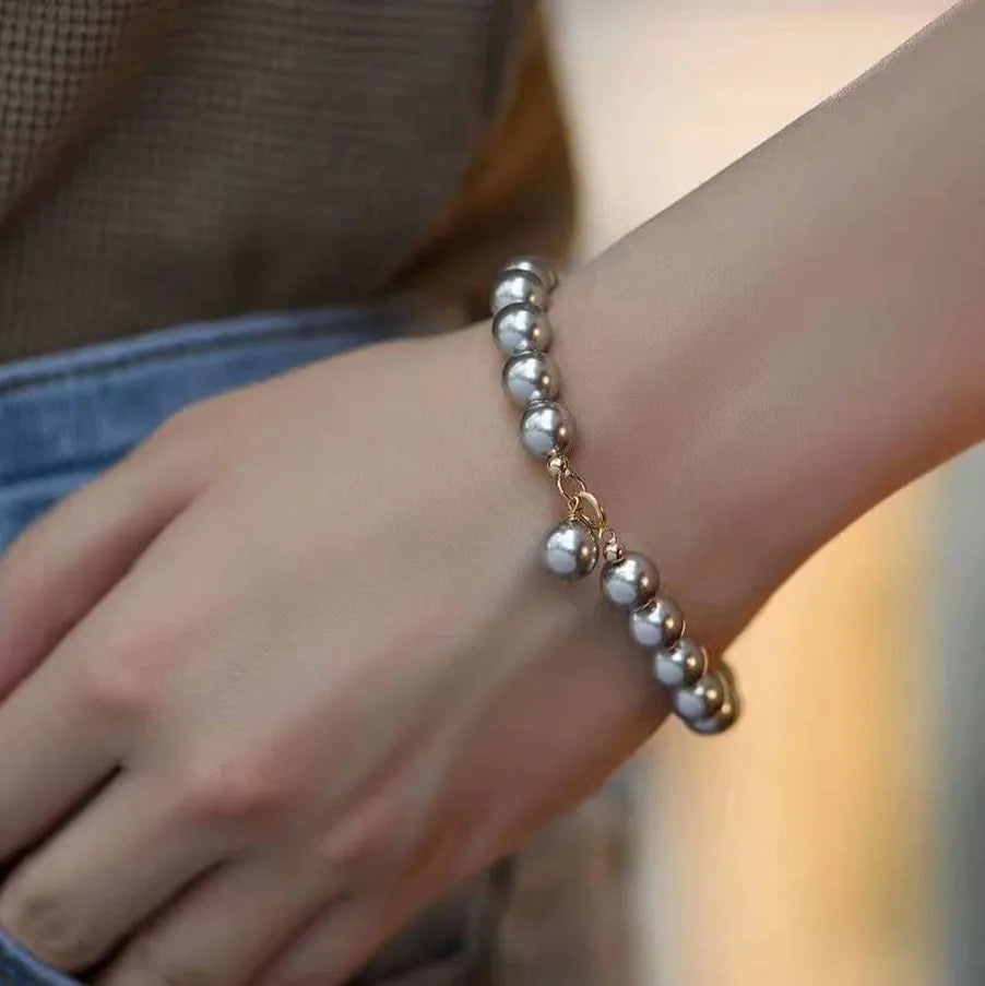 18cm Seawater Blue Gray Artificial Crystal Platinum Plated Women's Luxury Flawless AAAAA Grade Imitation Pearl Beaded Bangle