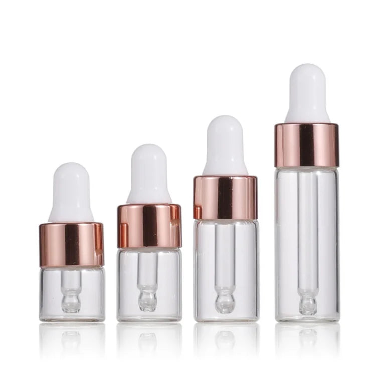 Empty Fashion Design Rose Gold Cap 1ml 2ml 3ml 5ml Cosmetic Small Eye Dropper Sample Container Essential Oil Glass Bottle