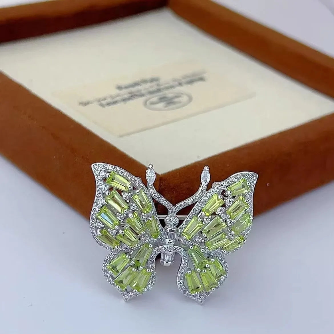 Exquisite 925 Silver Jewelry Rhodium Plated Olivine Butterfly Brooch for Women's Weddings and Parties Birthday Gift Idea