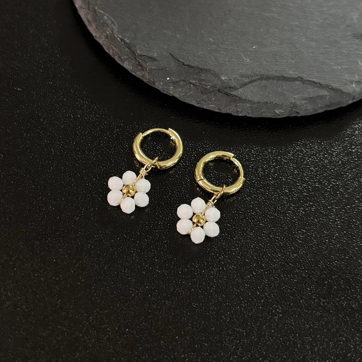 Handmade Small Flower White Beads Stainless Steel Hoop Waterproof Drop Earrings for Women