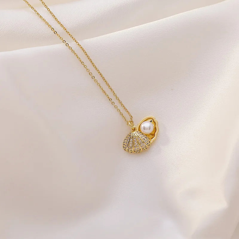 New Wholesale Shell Micro-inlaid Zircon Pearl Necklace Clavicle Chain Necklace
