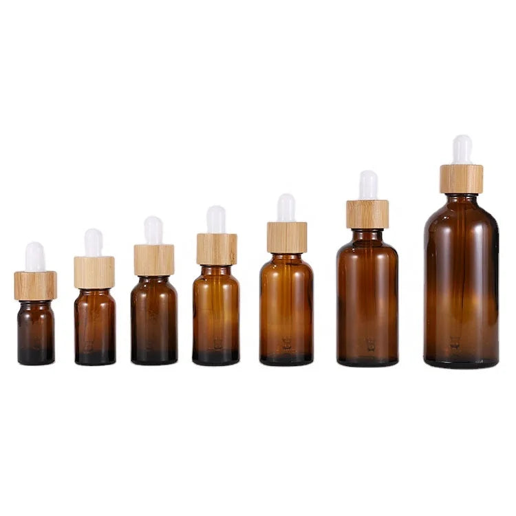 Refillable 5ml 10ml 15ml 20ml 30ml 50ml 100ml Euro Round Amber Glass Serum Essential Oil Tincture Dropper Bottle with Bamboo Cap