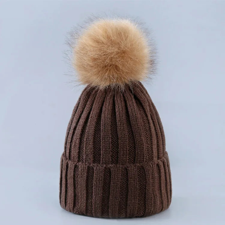 Trendy Nice-looking Women Winter Warm Skullies Caps Faux Fur Ball Pompom Beanies Hats