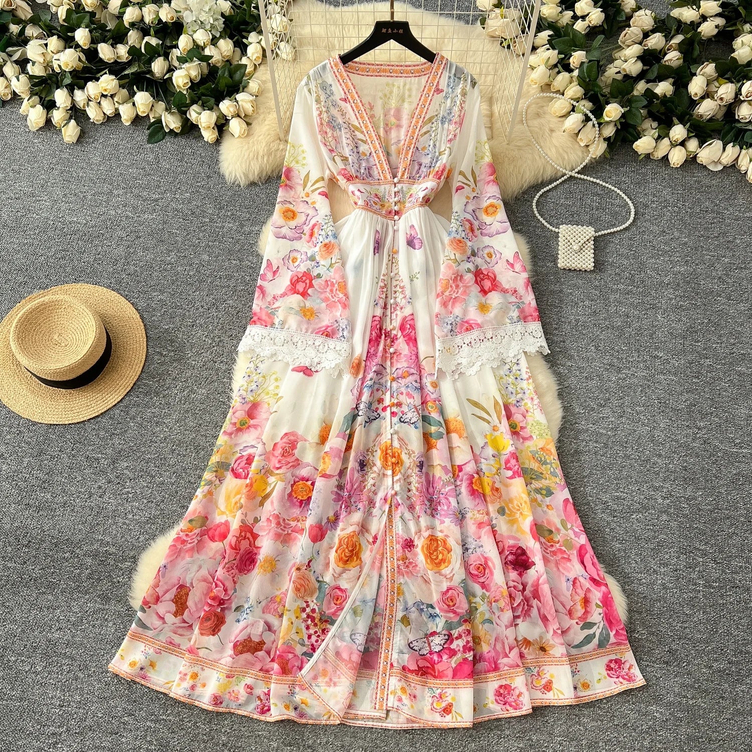 2025 New Spring Fashion V-neck Breasted Printed Long Dresses