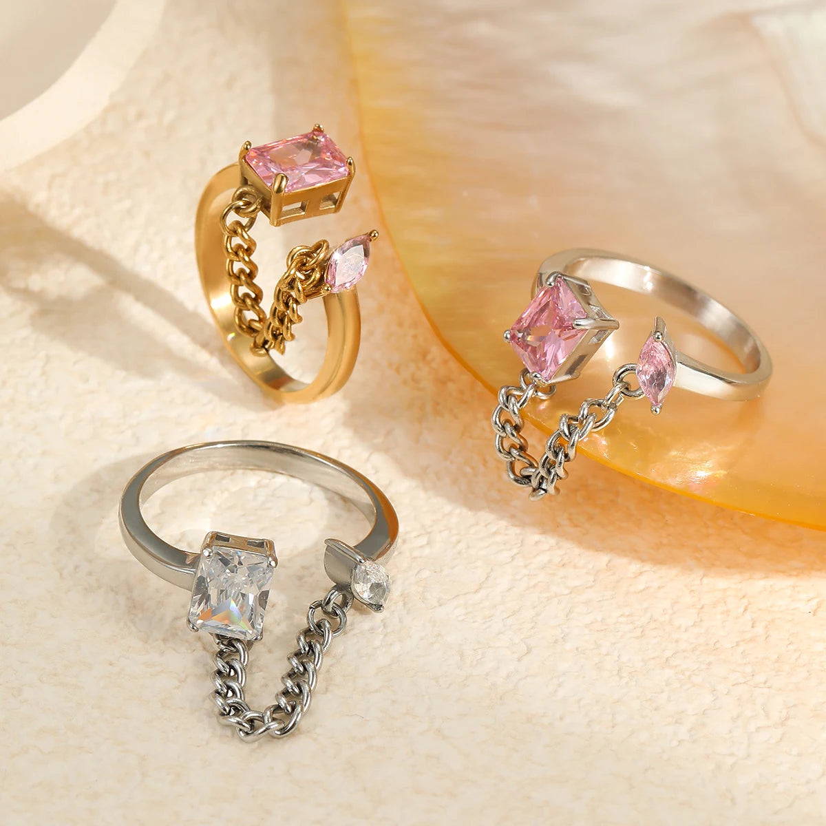 Bling Pink White Cubic Zircon Stainless Steel Fashion Ring Dangle Chain Gold Rust Proof Fine Jewelry for Women
