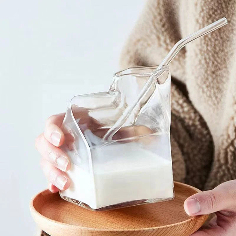 High Modern 400ml Square Glass Milk Carton Microwave-Safe High-Temperature Resistant Cup for Household Fresh Breakfast Milk