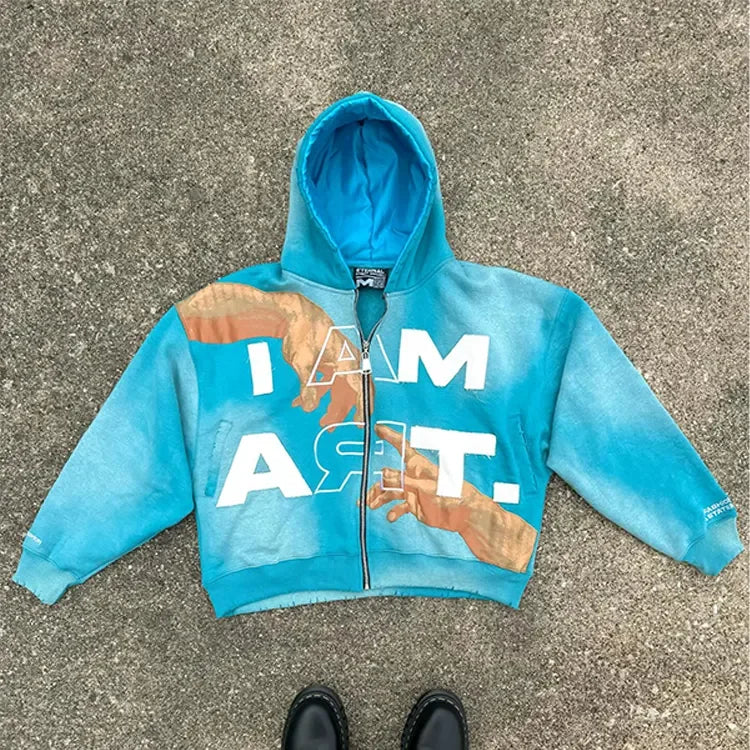 Hoodies Manufacturers Vintage Sweatshirt Distressed Men Embroidery Patch Zip up Acid Wash Men's Applique Hoodie