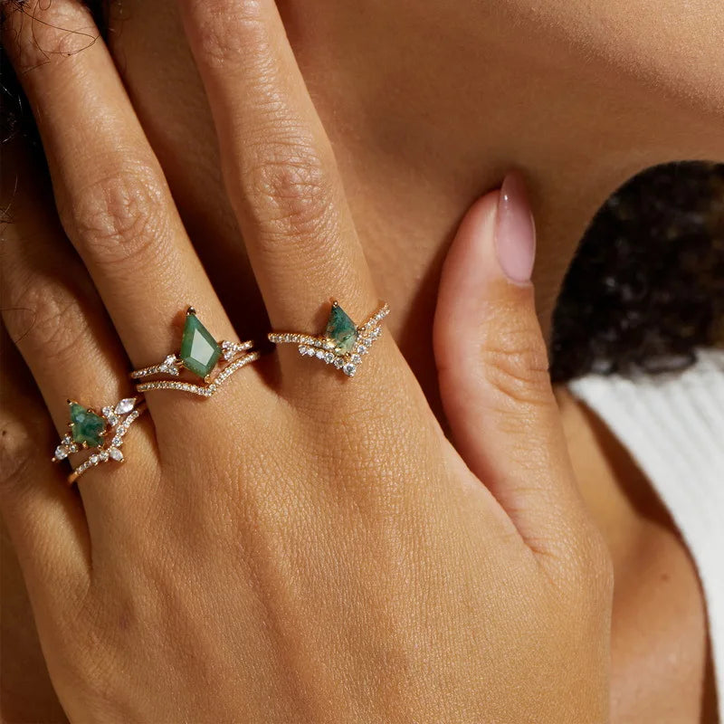 Luxury Women 10K Gold Green Moss Agate 925 Sterling Silver Ring Engagement Zircon Wedding Rings Sets for Women