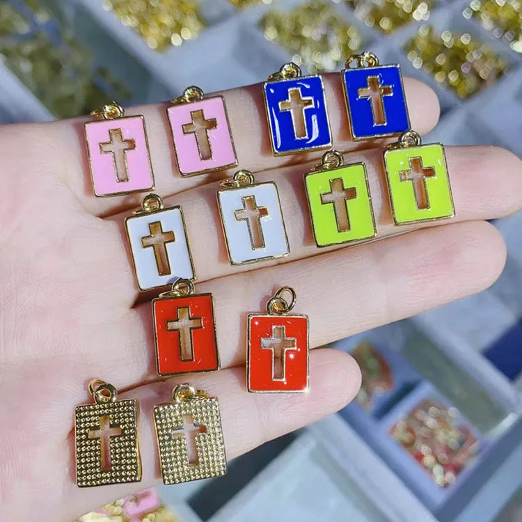 JS1650 Small Tiny Little 18K Gold Plated Hollow Candy Colour Enamel Neon Multicolor Cross Medal Charm Pendants