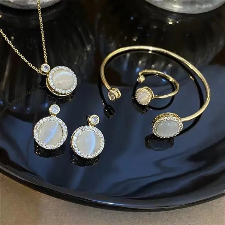 Dainty 4 Pcs/Set Bling Iced Out Cubic Zirconia CZ Round Earrings Bracelet Rotatable Opal Geometric Ring Necklace Jewelry Set